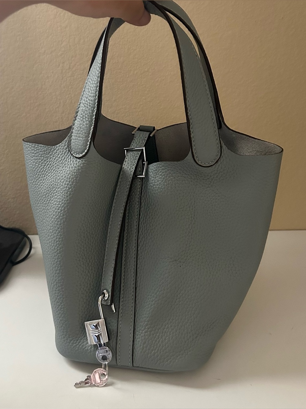 Leather Bucket Bag in Dusty Blue